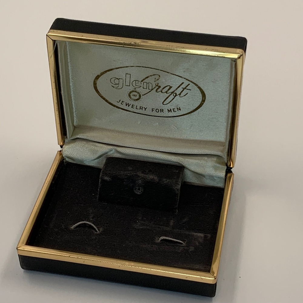 Vintage Glencraft Jewelry Box for Men Black Faux Leather Gold Tone Cufflink Case